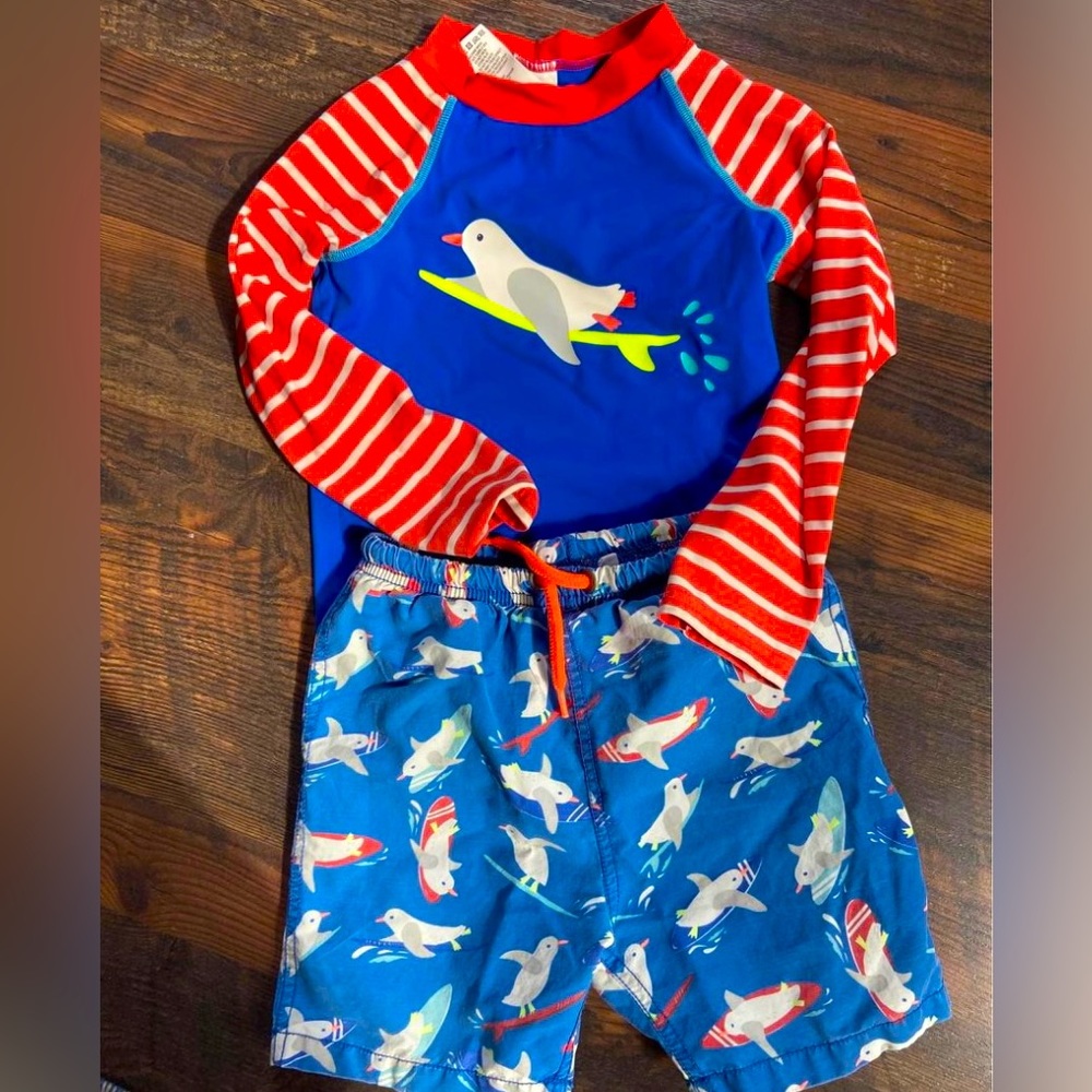 Mini Boden Surfing Seagull Swim Shorts and Rash Guard Set 3T